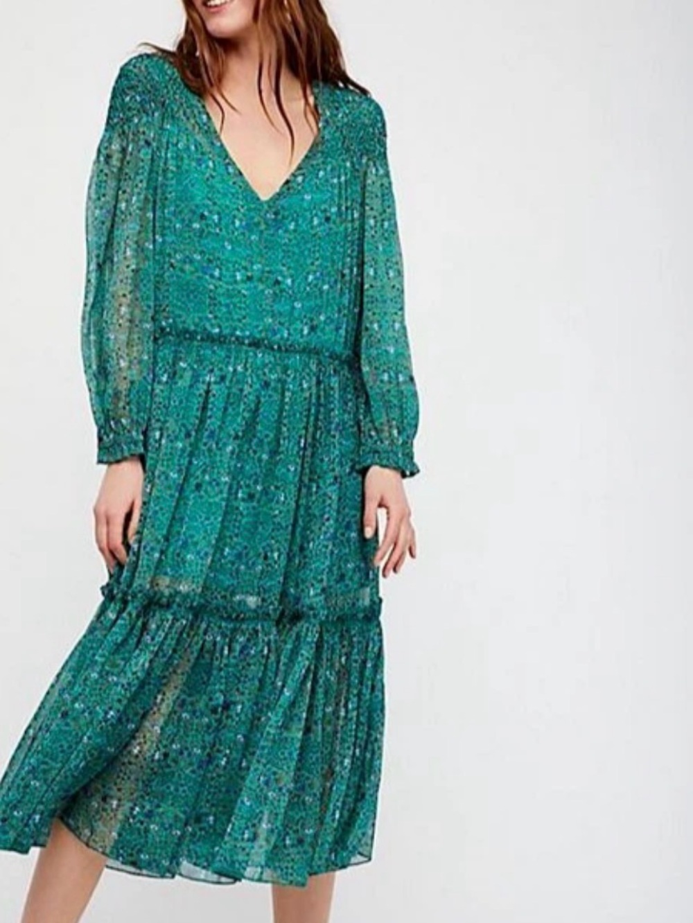 Free People Teal Floral V-Neck Long Sleeve Midi Dress
